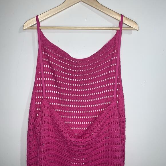 Crochet Knit Long Spaghetti Straps Fuchsia Pink Bathing Suit Coverup Size L/XL - Picture 6 of 15